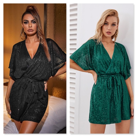 All Over Sequin Silver V-Neck Belted Mini Dress - Picture 8 of 9